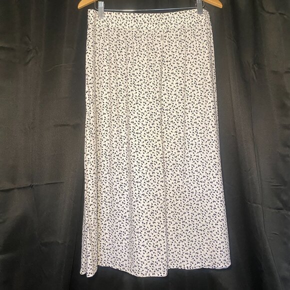 Loft Ann Taylor Black White Cherries Midi Skirt L Pull-On Front Split A-Line EUC - Picture 2 of 8